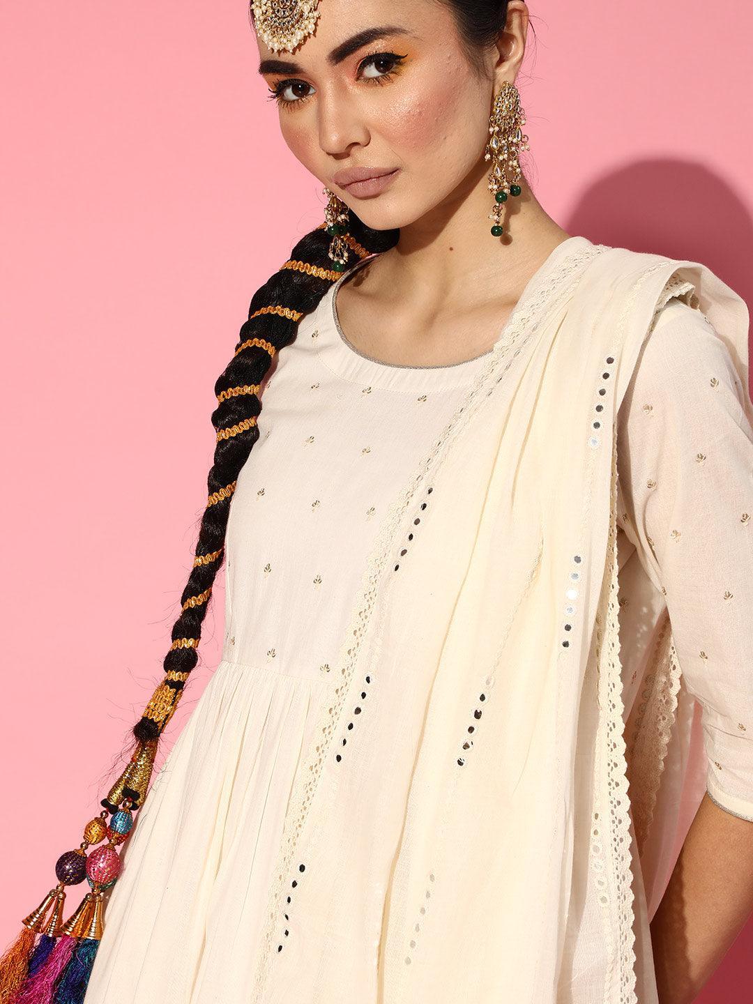 Off White Embroidered Cotton Suit Set - ShopLibas