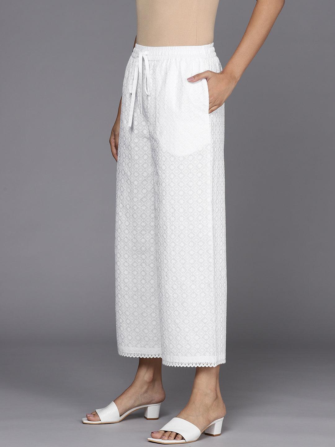 Off White Embroidered Cotton Palazzos - ShopLibas