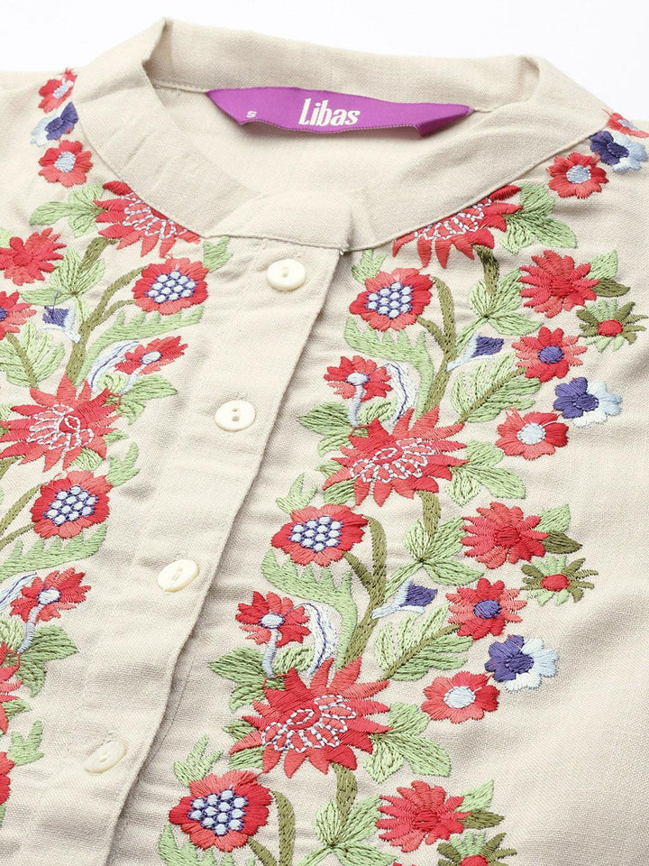 Off White Embroidered Cotton Straight Kurta