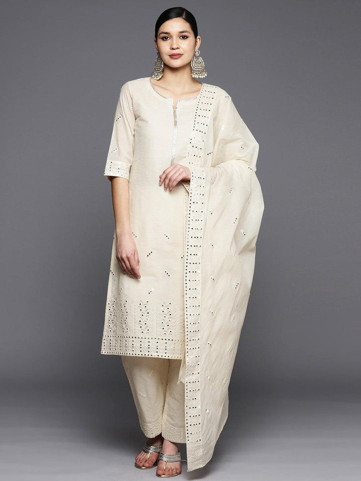 Off White Embroidered Cotton Straight Suit Set With Trousers