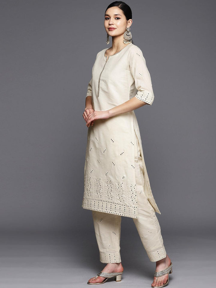 Off White Embroidered Cotton Straight Suit Set With Trousers