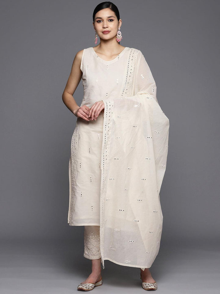 Off White Embroidered Cotton Straight Suit Set With Trousers