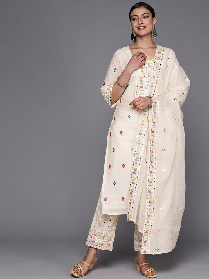 Off White Embroidered Cotton Straight Suit Set With Trousers