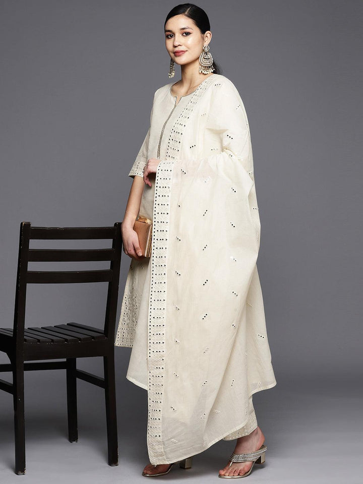 Off White Embroidered Cotton Straight Suit Set With Trousers