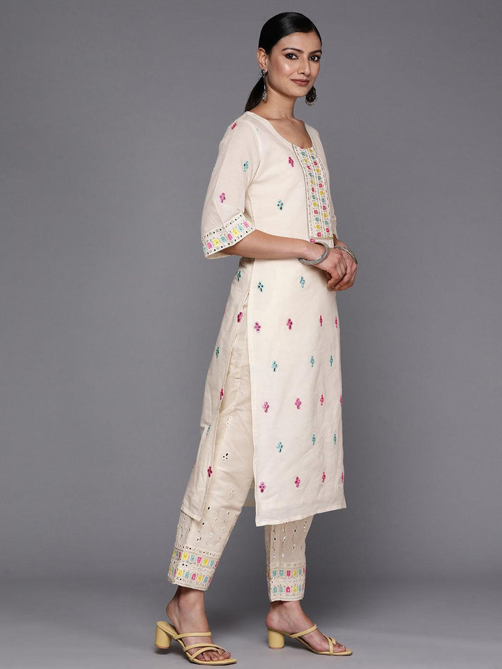 Off White Embroidered Cotton Straight Suit Set With Trousers
