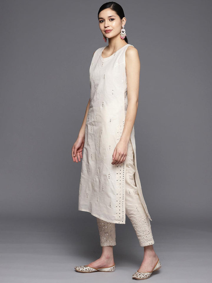 Off White Embroidered Cotton Straight Suit Set With Trousers