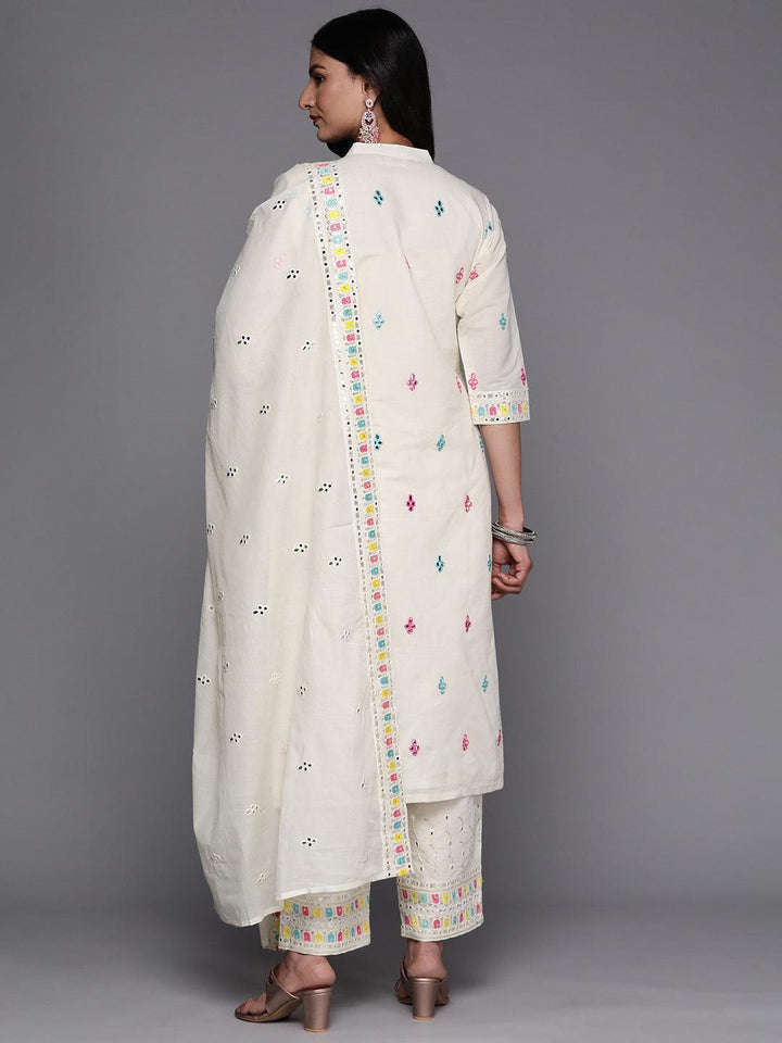 Off White Embroidered Cotton Straight Suit Set With Trousers