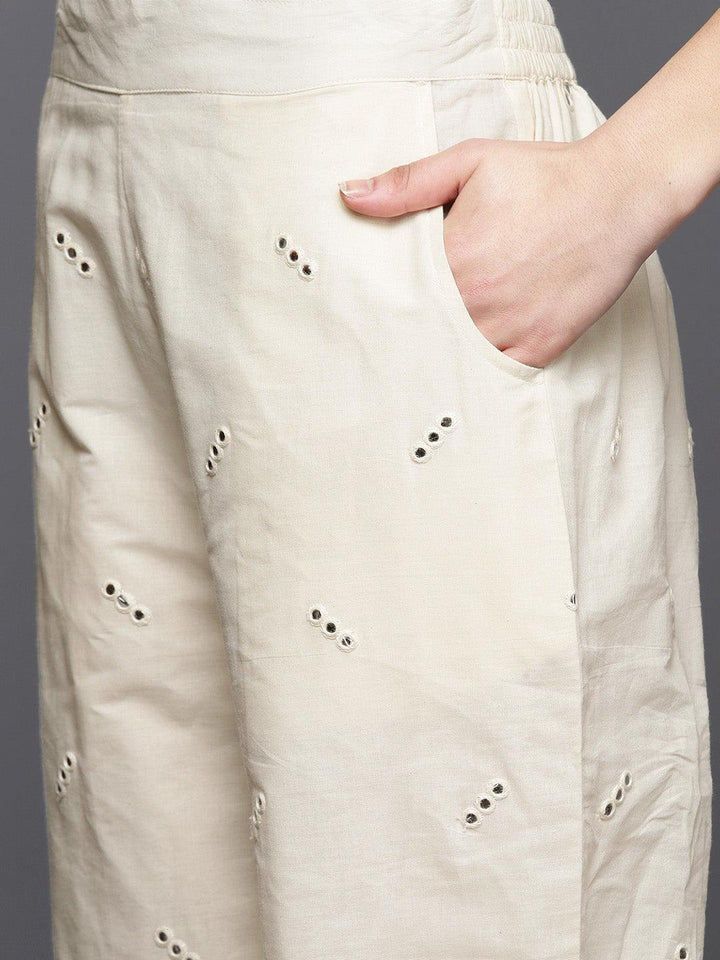 Off White Embroidered Cotton Straight Suit Set With Trousers