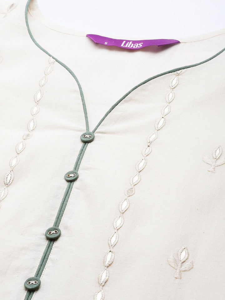 Off White Embroidered Cotton Suit Set
