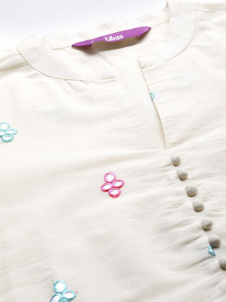 Off White Embroidered Cotton Straight Suit Set With Trousers