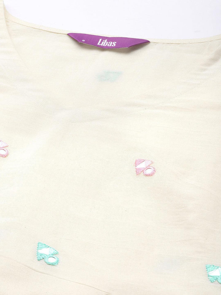 Off White Embroidered Cotton Straight Suit Set With Trousers