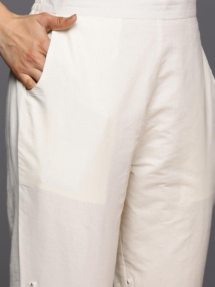 Off White Embroidered Cotton Straight Suit Set With Trousers