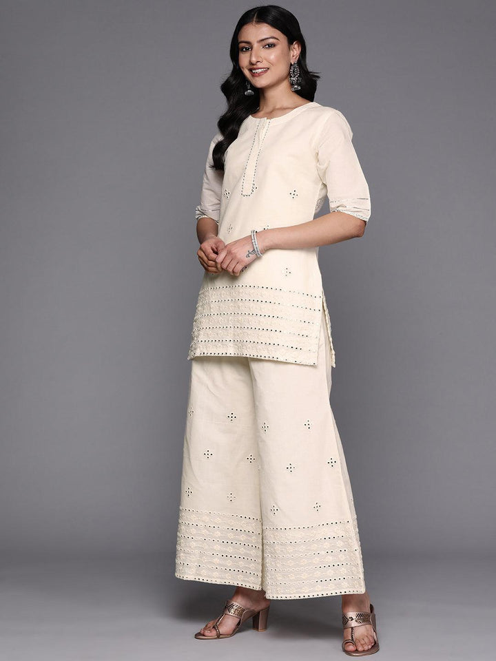 Off White Embroidered Cotton Straight Suit Set With Palazzos