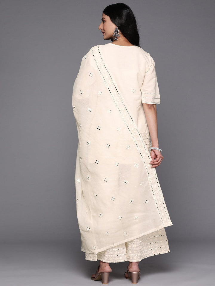Off White Embroidered Cotton Straight Suit Set With Palazzos