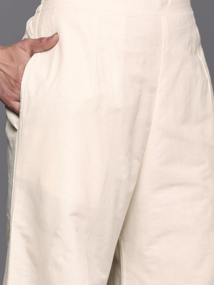 Off White Embroidered Cotton Straight Suit Set With Palazzos