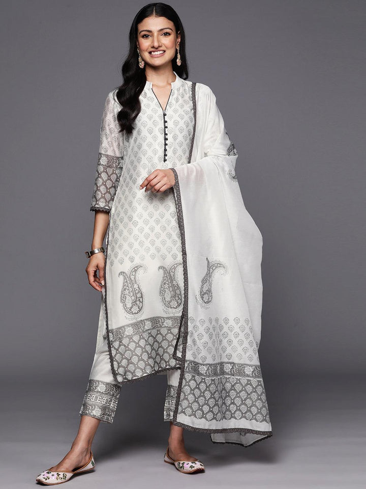 Off White Printed Chanderi Silk Straight Suit Set With Trousers