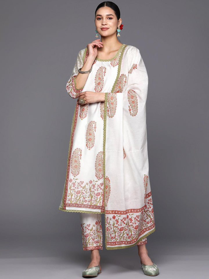Off White Printed Chanderi Silk Straight Suit Set With Trousers