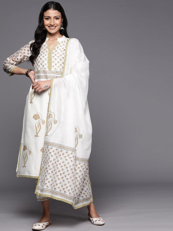 Off White Printed Chanderi Silk Straight Suit Set With Trousers