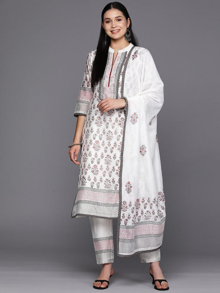 Off White Printed Chanderi Silk Straight Suit Set With Trousers