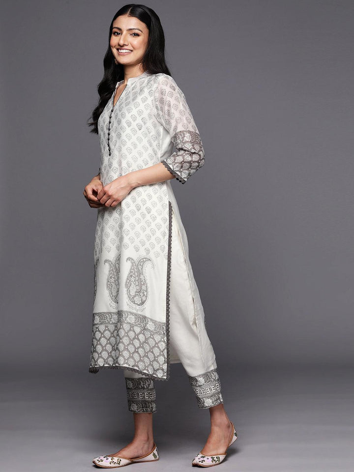 Off White Printed Chanderi Silk Straight Suit Set With Trousers