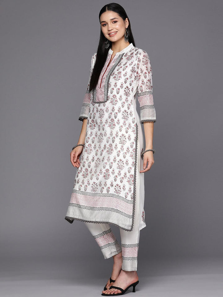 Off White Printed Chanderi Silk Straight Suit Set With Trousers