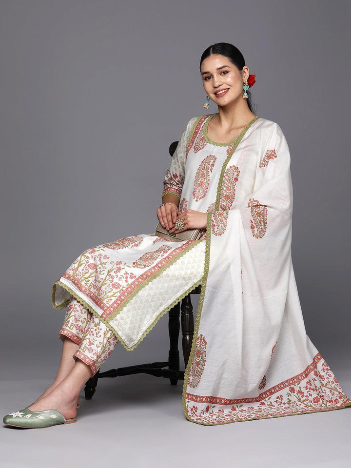Off White Printed Chanderi Silk Straight Suit Set With Trousers