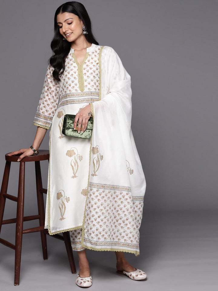 Off White Printed Chanderi Silk Straight Suit Set With Trousers