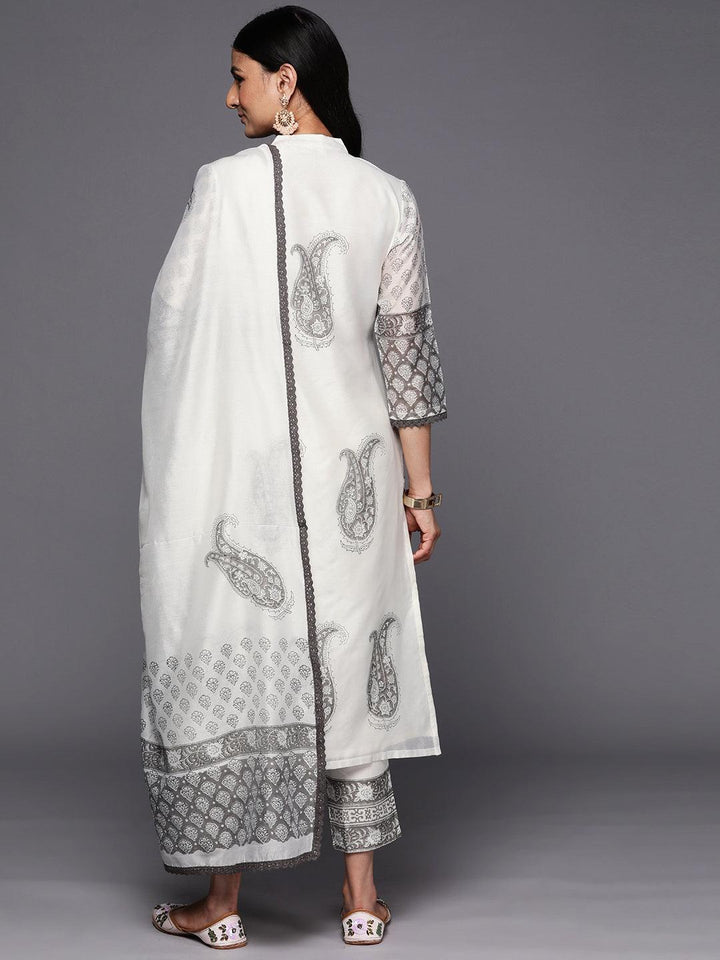 Off White Printed Chanderi Silk Straight Suit Set With Trousers