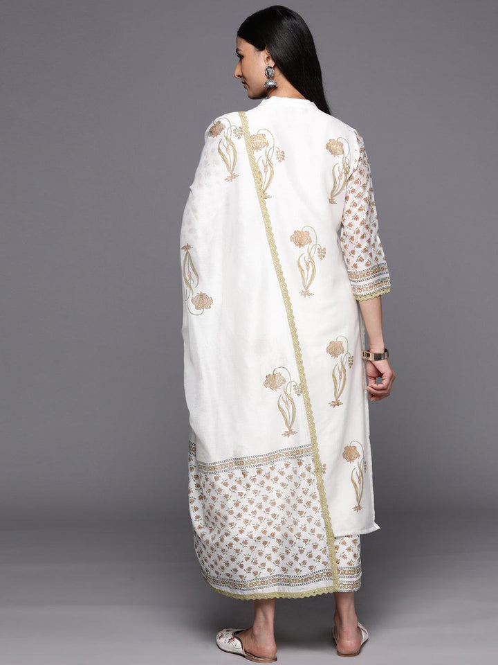 Off White Printed Chanderi Silk Straight Suit Set With Trousers
