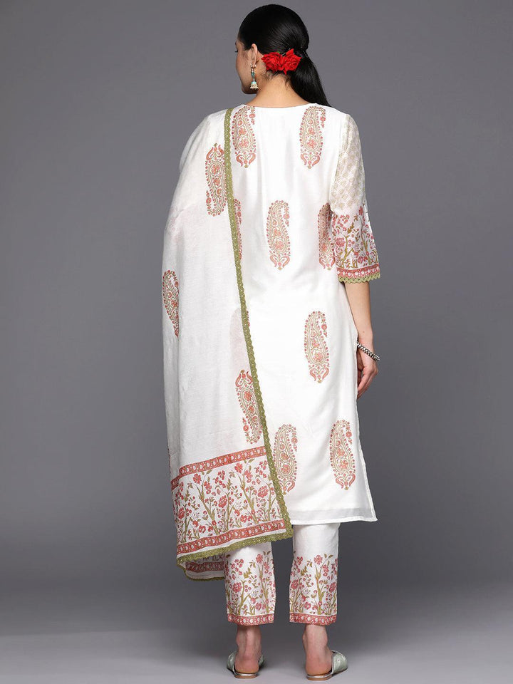 Off White Printed Chanderi Silk Straight Suit Set With Trousers