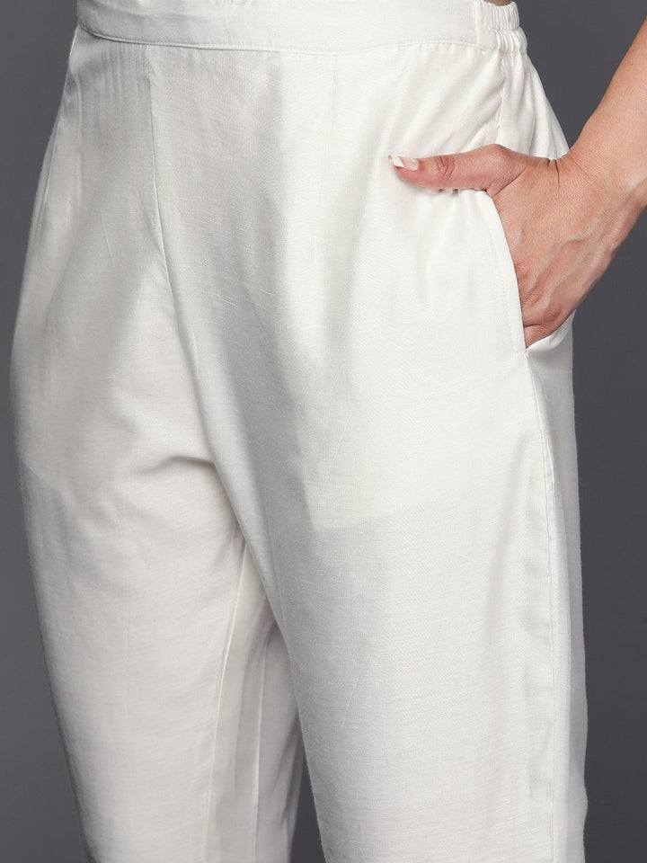 Off White Printed Chanderi Silk Straight Suit Set With Trousers