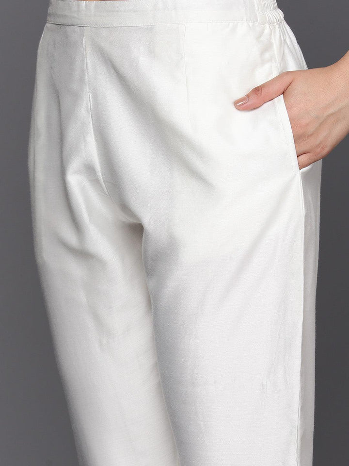 Off White Printed Chanderi Silk Straight Suit Set With Trousers