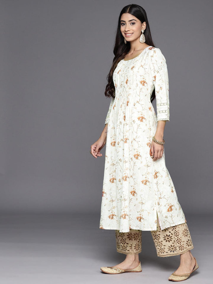 Off White Printed Cotton A-Line Kurta