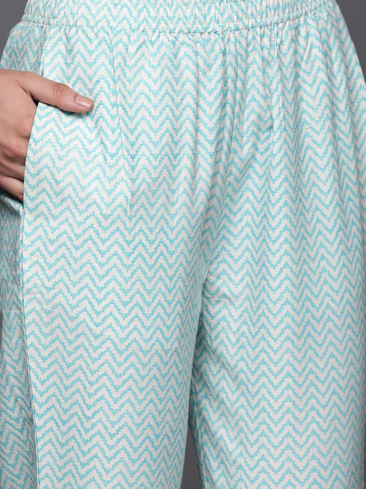 Off White Printed Cotton Blend Straight Kurta With Trousers