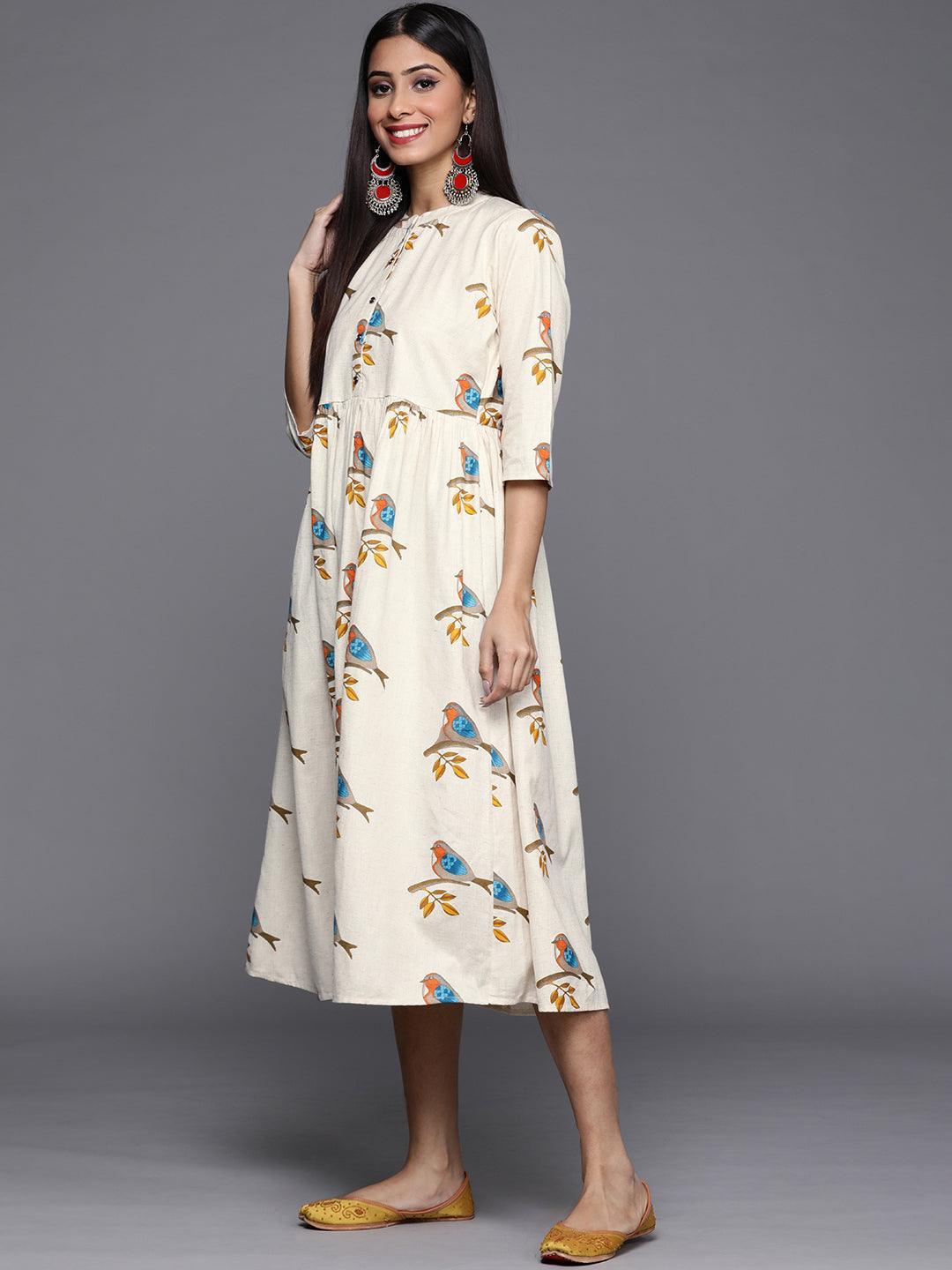Off White Printed Cotton Dress - ShopLibas