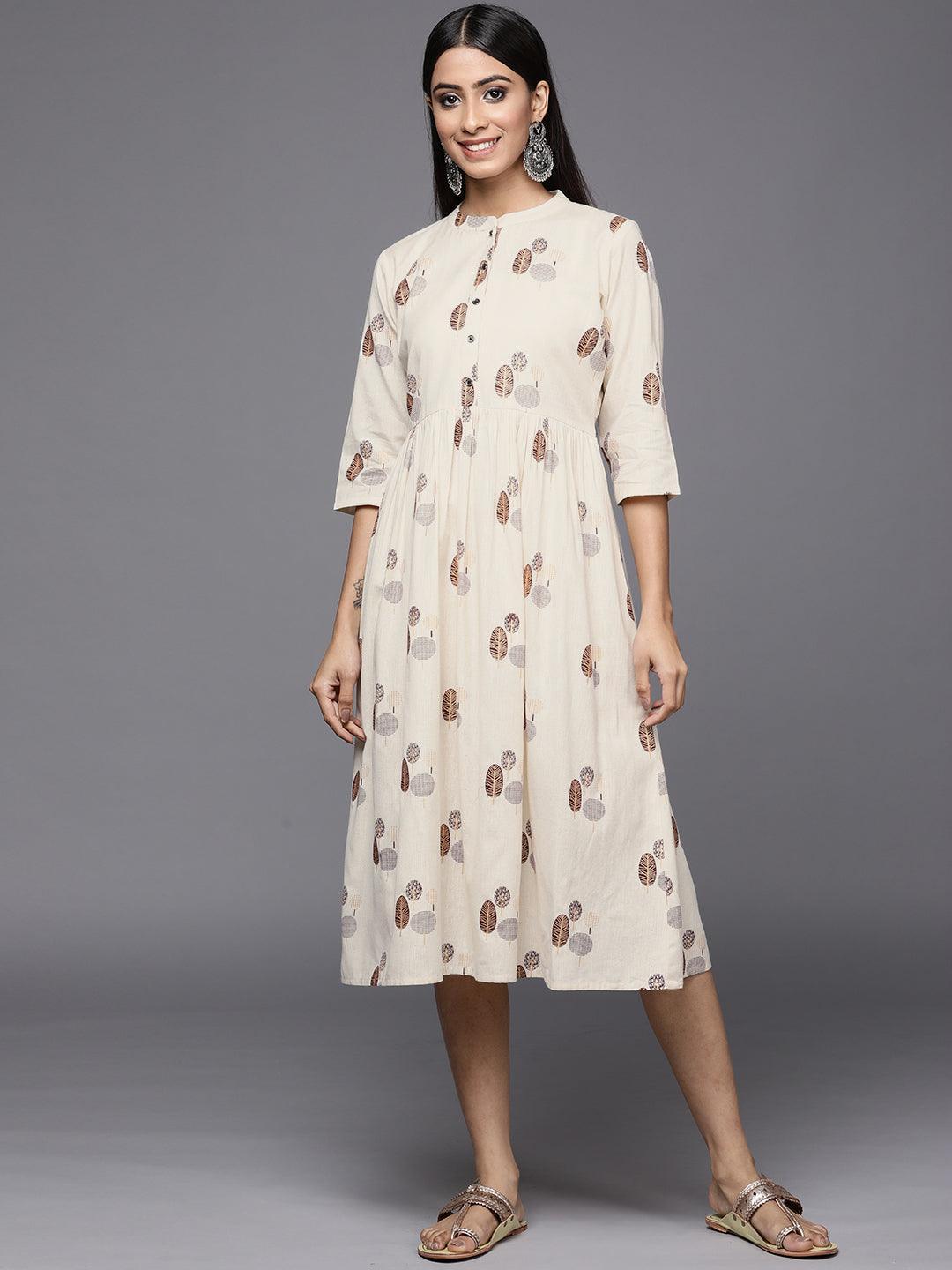 Off White Printed Cotton Fit and Flare Dress - ShopLibas