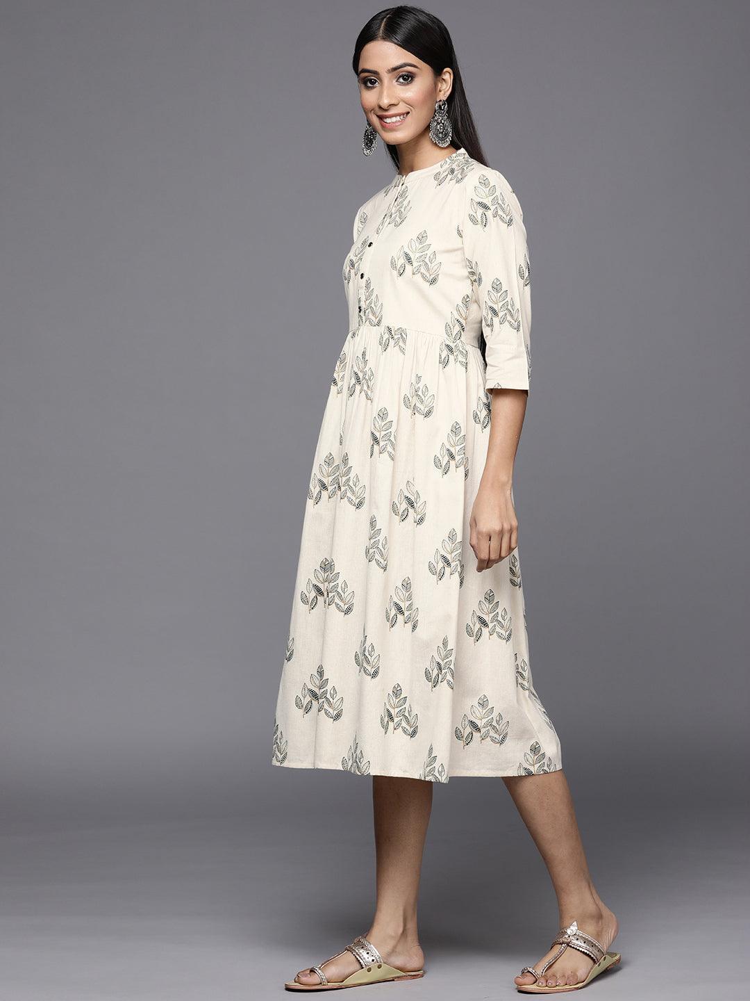 Off White Printed Cotton Fit and Flare Dress - ShopLibas