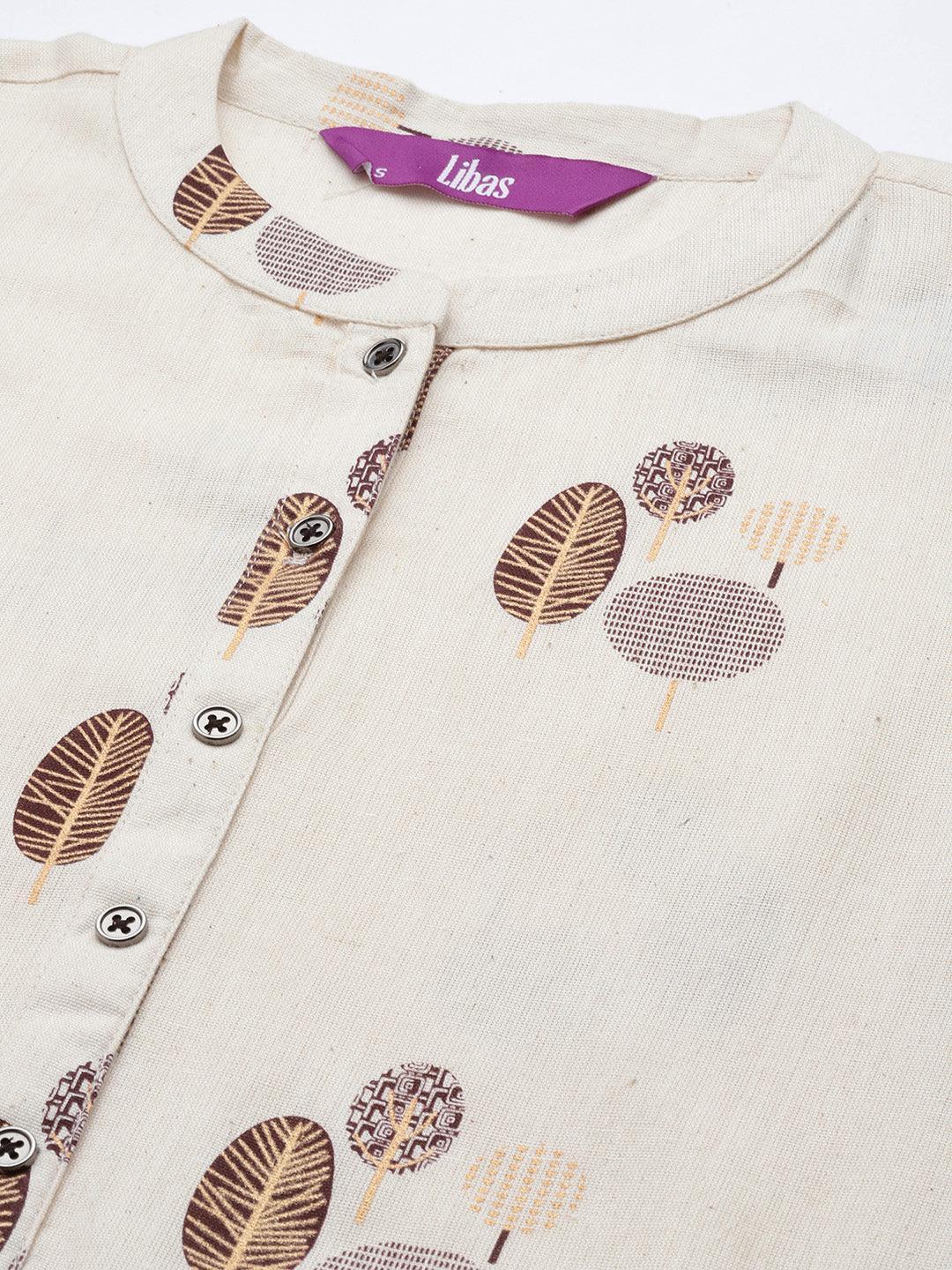 Off White Printed Cotton Fit and Flare Dress - ShopLibas