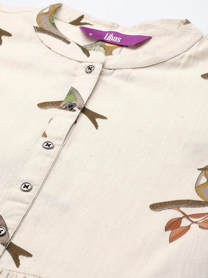 Off White Printed Cotton Fit and Flare Dress