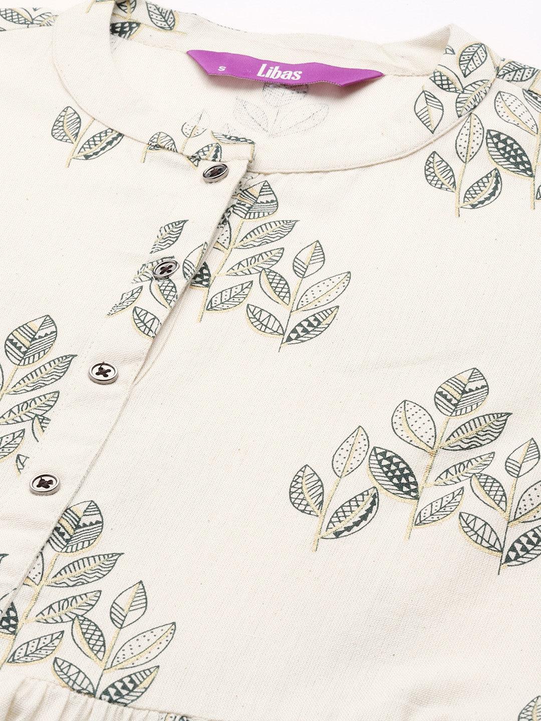 Off White Printed Cotton Fit and Flare Dress - ShopLibas