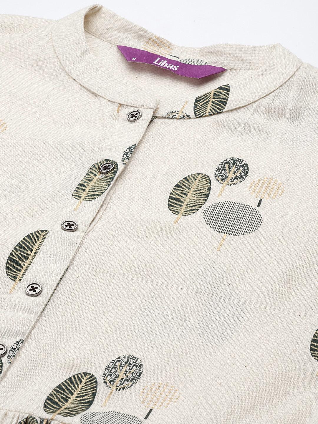 Off White Printed Cotton Fit and Flare Dress - ShopLibas