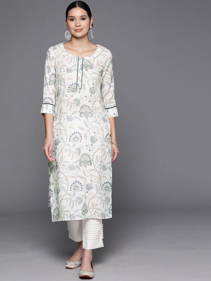 Off White Printed Cotton Straight Kurta