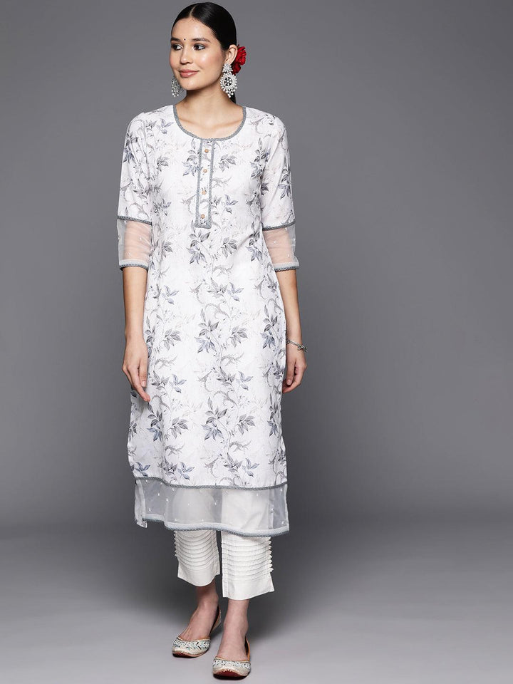 Off White Printed Cotton Straight Kurta