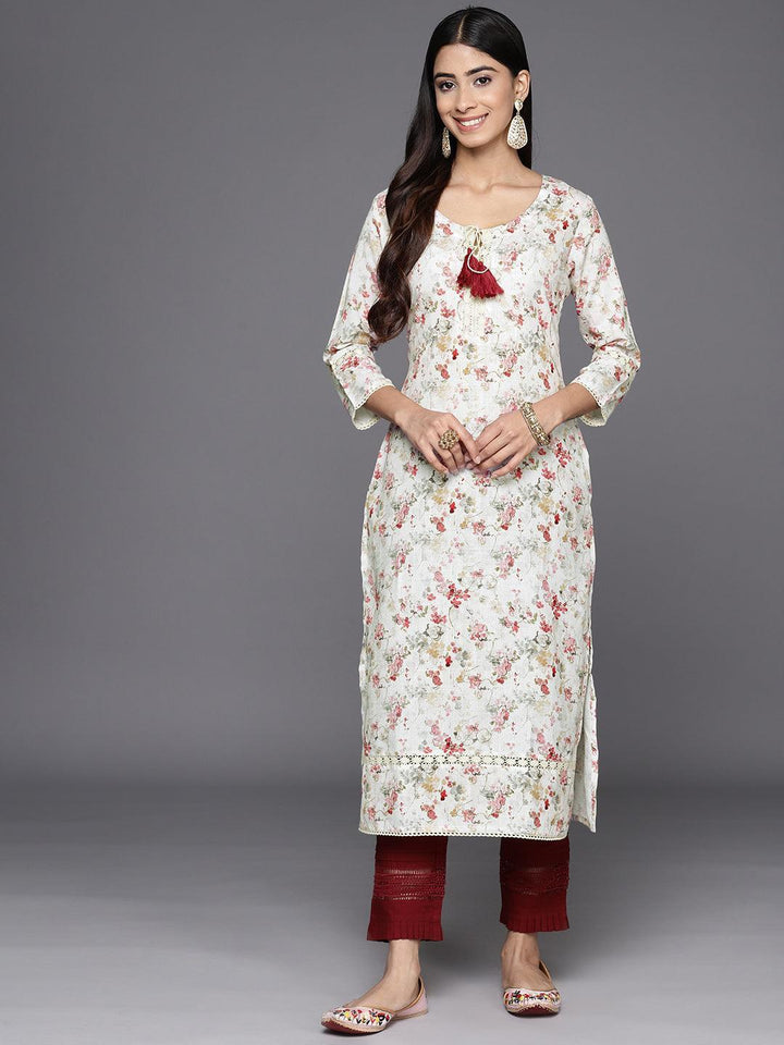 Off White Printed Cotton Straight Kurta