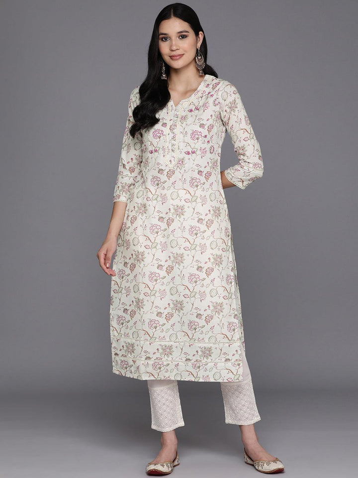 Off White Printed Cotton Straight Kurta