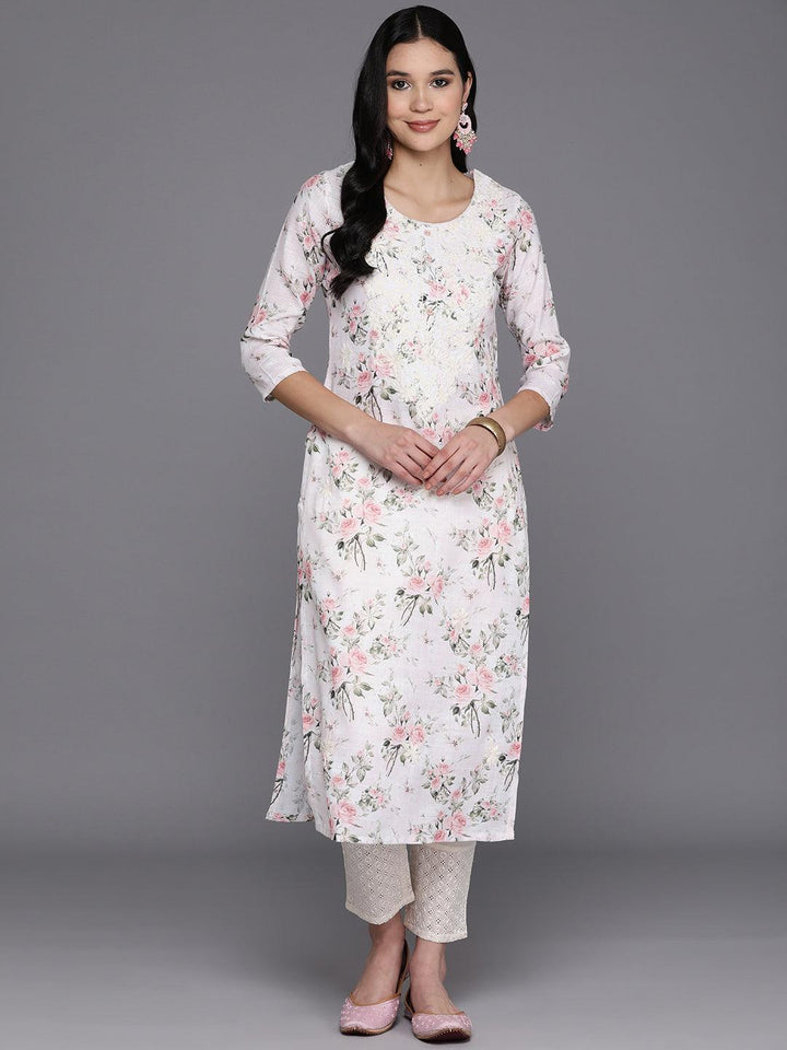 Off White Printed Cotton Straight Kurta