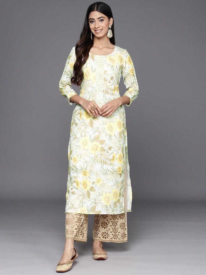 Off White Printed Cotton Straight Kurta