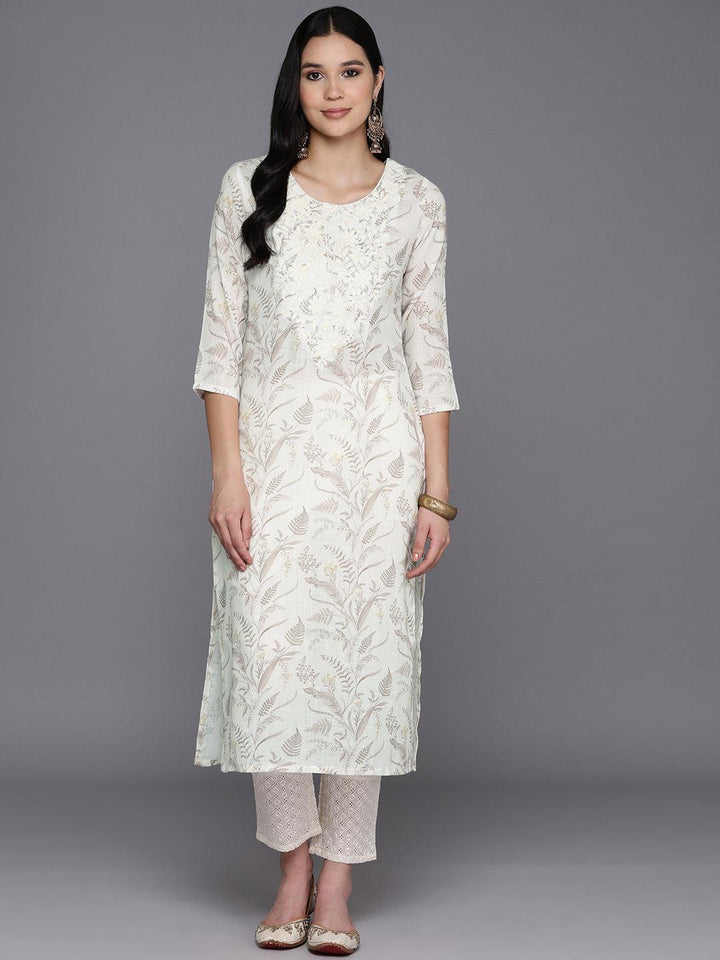 Off White Printed Cotton Straight Kurta