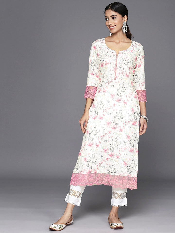 Off White Printed Cotton Straight Kurta