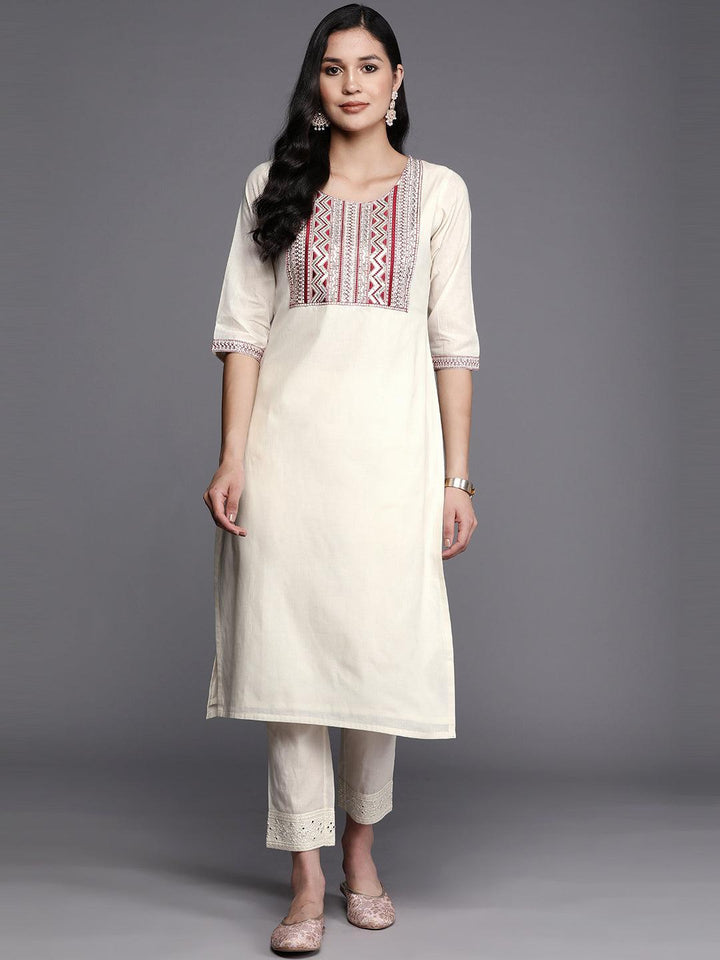 Off White Printed Cotton Straight Kurta